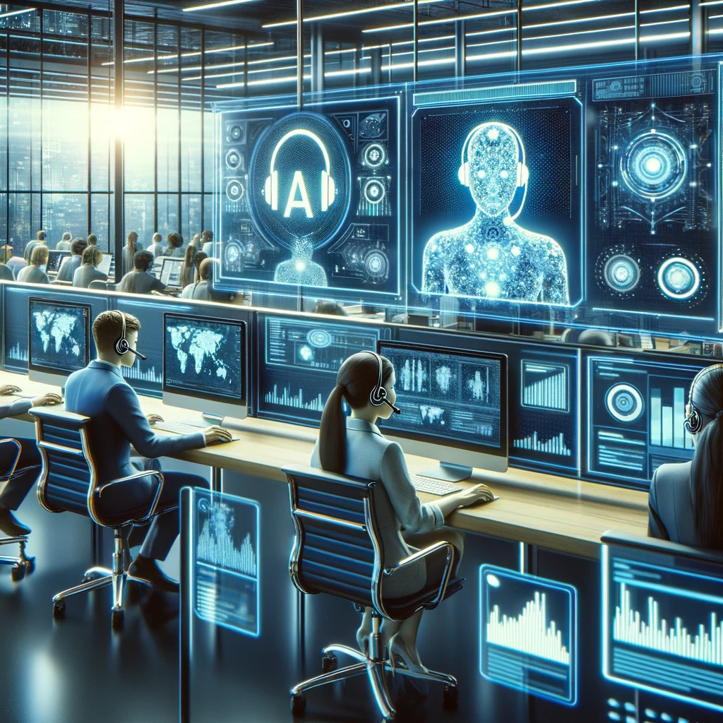 Futuristic call center with agents using advanced AI technology for customer service, featuring screens with data analytics and operators with headsets