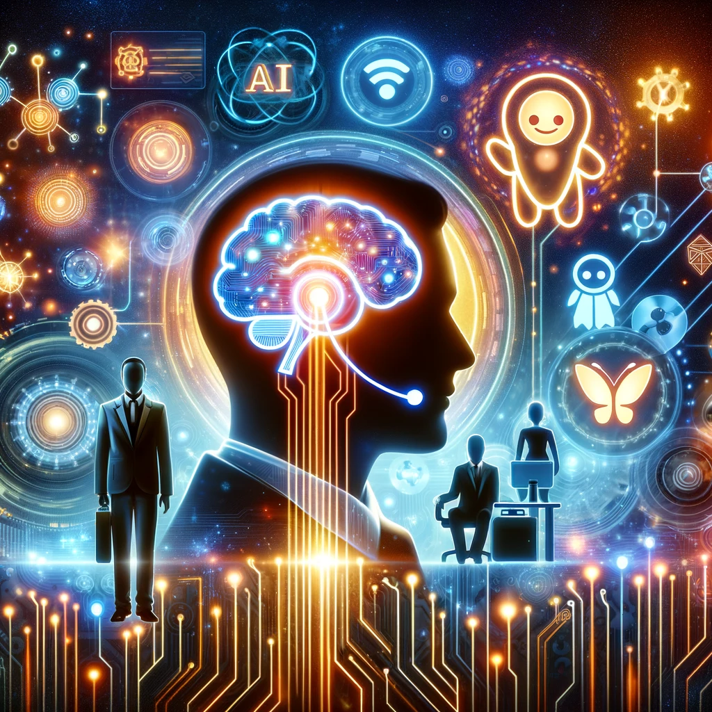 Illustration of AI integration in customer service showcasing icons for analytics, virtual agents, and enhanced interaction, symbolizing NICE CXone's latest features.